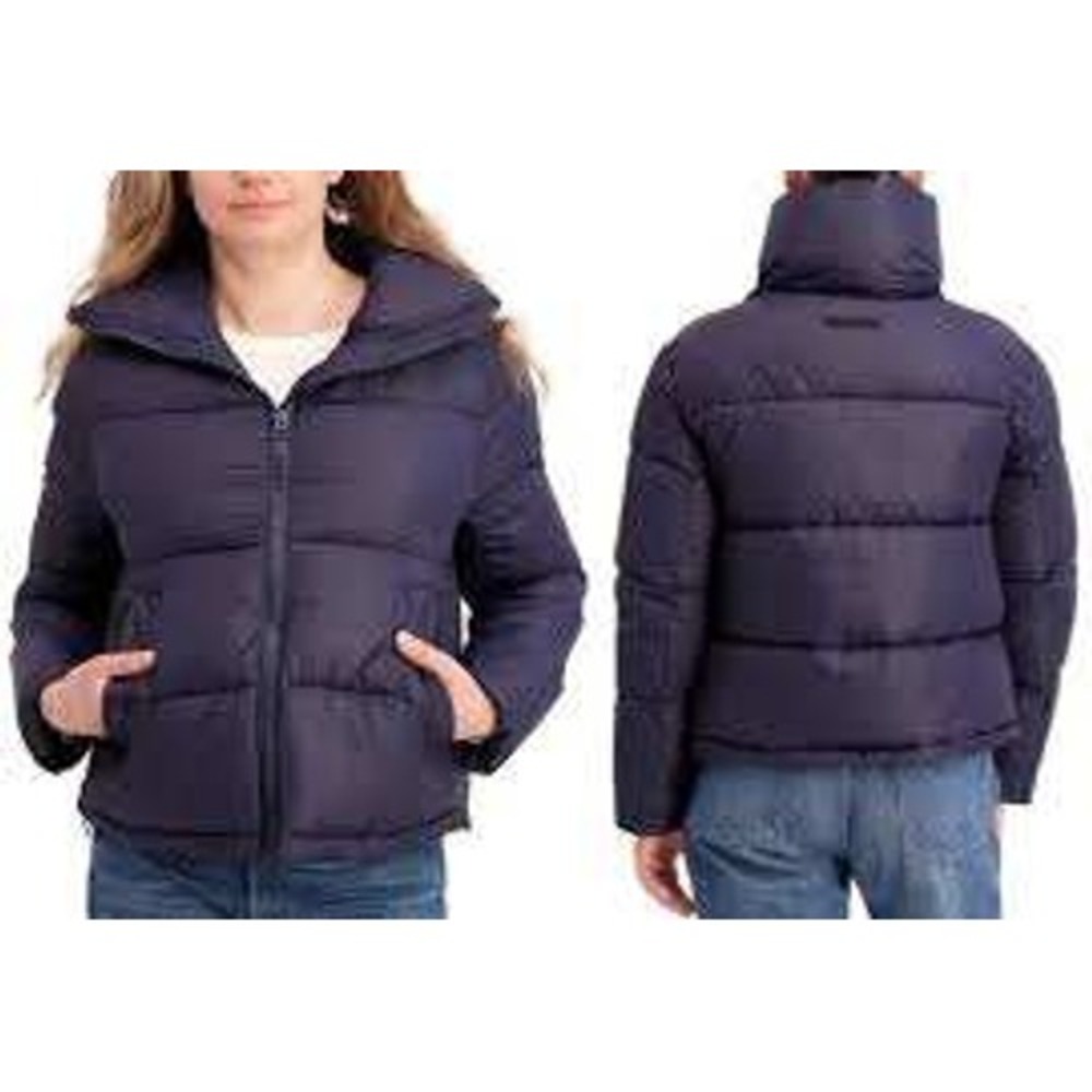 Hudson Jeans Womens Medium Cropped Navy Puffer Coat Quilted Zip Up Jacket